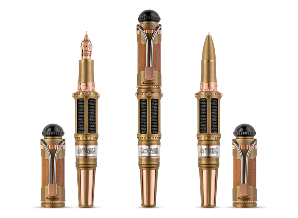 Пишущие инструменты Avanguardia Marconi Model 150, чьи детали включают гальваническое покрытие из розового золота, плетеный кабель и камеру когерера из поликарбоната