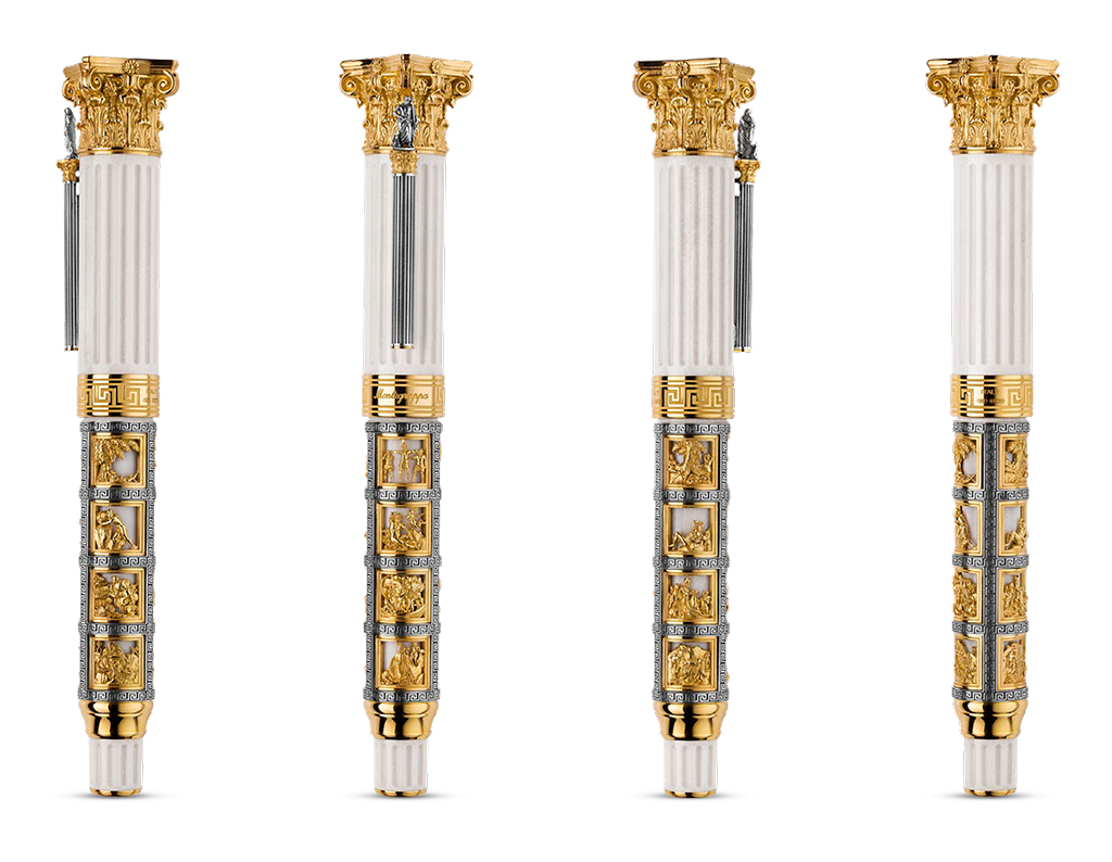 На корпусах пишущих инструментов отображены главные эпизоды «Одиссеи» в виде микроскульптур в вермели